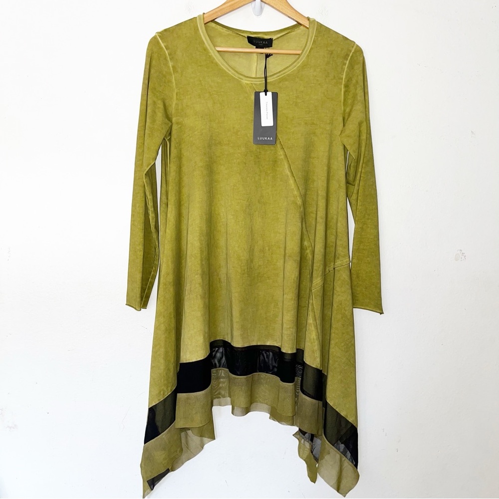 NWT Luukaa Womens Lagenlook Tunic Shirt Green Long Sleeve Stretch Top Size 6